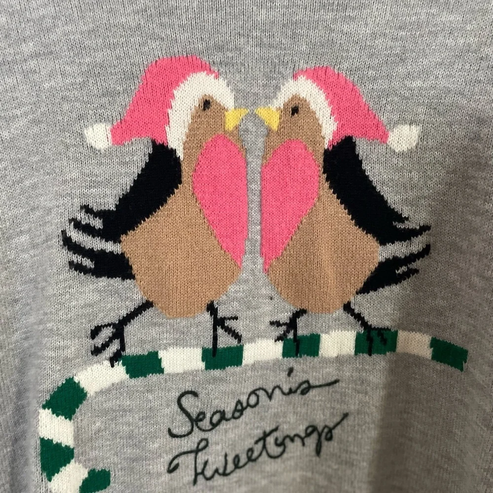 Talbots Gray Holiday Bird Intarsia Cowl Sweater with Pink Accents
